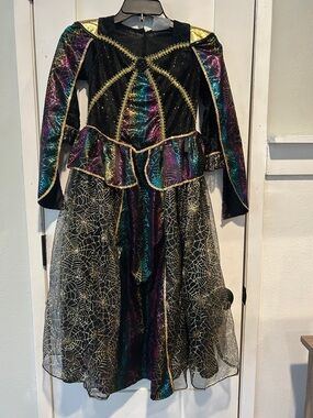 Girls Black Halloween Spiderweb Dress with Multicolor Accents